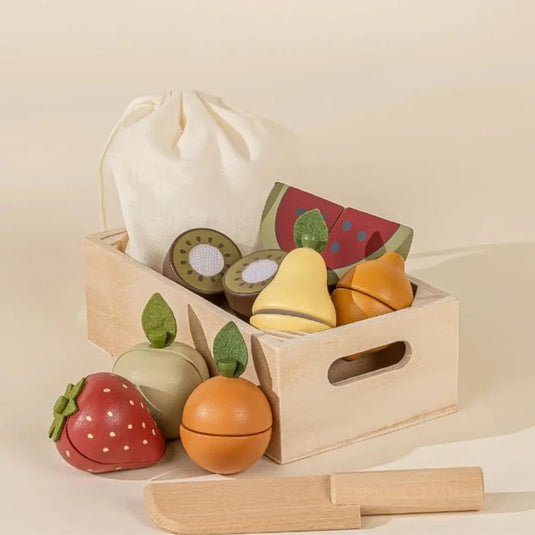 Set de Fructe pentru Copii, Indiggo, Include Cos cu Manere si Saculet, Fructe Unite cu Velcro, in Culori Vibrante, Include cutit, Capsune, Pepene, Lamaie, Mar, Para, Kiwi, Portocala, Stimuleaza Imaginatia, 3 ani+