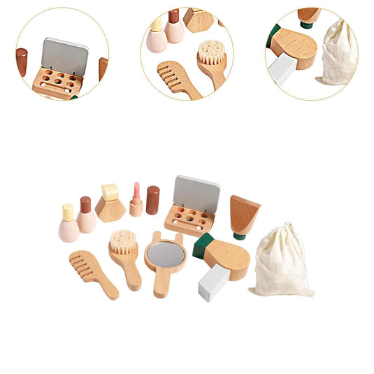 Trusa de Machiaj pentru Fetite din Lemn natural Petit Kitty, Include Farduri, 2 Lacuri de Unghii, Pensule, Perie, Oglinda, Ruj, Vopsea pe baza de Apa, Saculet de Bumbac pentru transport, Jucarie de rol, Indiggo®, 3ani+, Woody