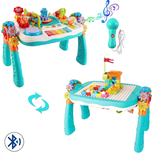 Masuta Multifunctionala 2in1 Activitati si Joaca KidsFunPlay™ cu Microfon Inclus si Functie Bluetooth, Sunete si Lumini, Mini Pian si Tobe, Blocuri de Constructie, Trenulet cu Figurine, Baterie Reincarcabila, Activitati Senzoriale, Blue