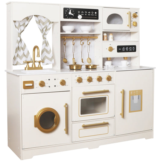 Bucatarie pentru Copii din MDF FrenchBistro™ cu Lumini si Sunete, Set de Joaca cu Aparat de Cafea, Masina de Spalat, Cuptor, Chiuveta Electrica, Dozator de Apa, Cuptor cu Microunde, Ustensile si Accesorii, Perdea, Spatiu Depozitare, White/Gold