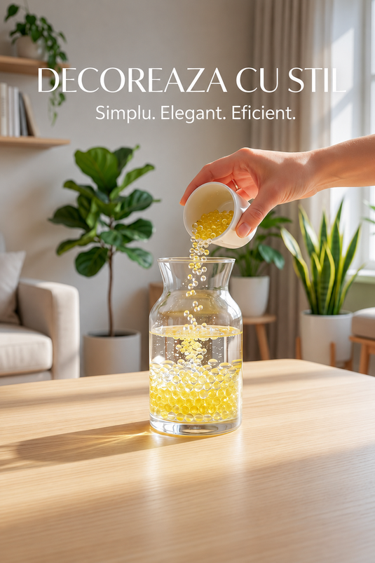 Bile Decorative din Hidrogel - Water Bomb Yellow - 50 000 de Bilute Biodegradabile, Expandabile in Apa, 7-8 mm, 250 gr, Potrivite pentru Decorarea Vazelor si a Bolurilor de Sticla