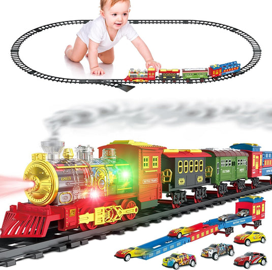 Trenulet Electric cu Aburi RetroSteamTrain pentru Copii, Include Tren Electric cu Efecte Sonore, Lumini, Fum Real, 3 Vagoane, 12 Sine, 4 Masinute, Model Retro, Indiggo@, Multicolor, +3 Ani