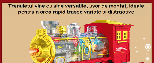 Trenulet Electric cu Aburi RetroSteamTrain pentru Copii, Include Tren Electric cu Efecte Sonore, Lumini, Fum Real, 3 Vagoane, 12 Sine, 4 Masinute, Model Retro, Indiggo@, Multicolor, +3 Ani