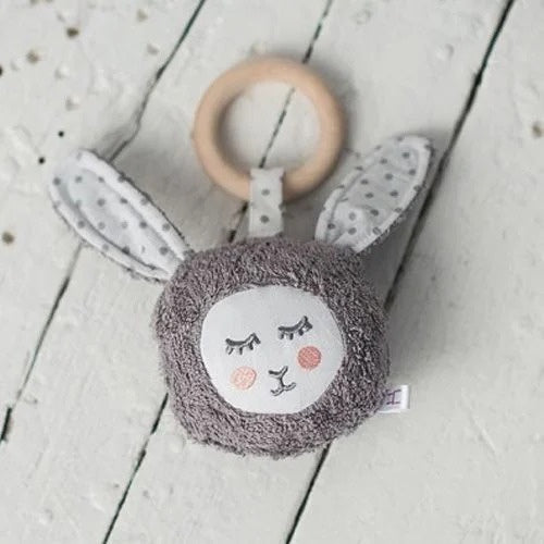 Jucarie Dentitie cu Inel din Lemn CotandCot - Grey Bunny - Bumbac organic si Lemn natural, Handmade, 0 - 12 luni