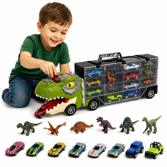 Set Interactiv de Masinute DinoFunTruck, Camion Transportator cu 8 Masinute, 6 Figurine de Dinozauri, Sunete si Lumini, Tobogan pentru Masinute, Panou Transparent, Indiggo@, Verde, + 3Ani