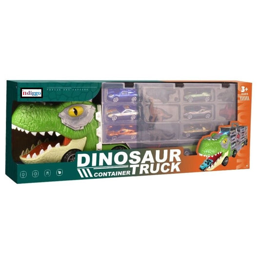 Set Interactiv de Masinute DinoFunTruck, Camion Transportator cu 8 Masinute, 6 Figurine de Dinozauri, Sunete si Lumini, Tobogan pentru Masinute, Panou Transparent, Indiggo@, Verde, + 3Ani
