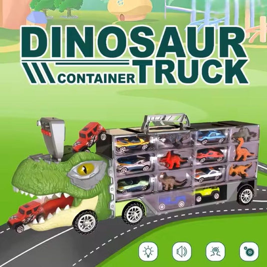 Set Interactiv de Masinute DinoFunTruck, Camion Transportator cu 8 Masinute, 6 Figurine de Dinozauri, Sunete si Lumini, Tobogan pentru Masinute, Panou Transparent, Indiggo@, Verde, + 3Ani