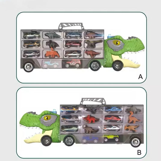 Set Interactiv de Masinute DinoFunTruck, Camion Transportator cu 8 Masinute, 6 Figurine de Dinozauri, Sunete si Lumini, Tobogan pentru Masinute, Panou Transparent, Indiggo@, Verde, + 3Ani