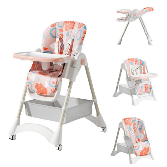 Scaun de Masa Pliabil pentru Bebelusi si Copii KinderVIBE®, 6 Luni +, 4 Pozitii inclinare Spatar, Centura de Siguranta 5 Puncte, Ajustabil pe Inaltime, Tavita Reglabila, Detasabila, Loc depozitare, Picioare Antiderapante, Roti blocabile, Multiple Pink Fad
