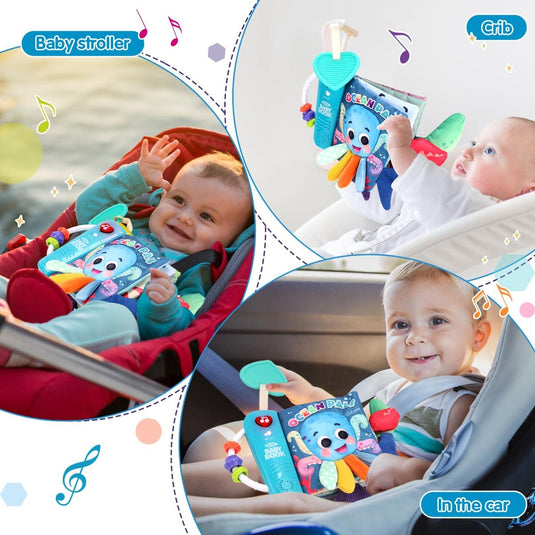 Carte Muzicala Interactiva pentru Bebelusi - Little OceanPals – Pagini Viu Colorate, Cozi 3D, Dispozitiv Muzical, Jucarie de Dentitie, Oglinda, Inel de Prindere, Stimulteaza Dezvoltarea Auditiva si Senzoriala a Copilului, Multicolora