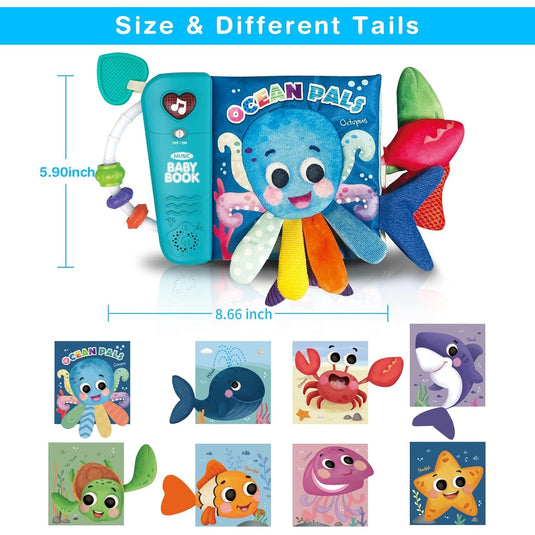 Carte Muzicala Interactiva pentru Bebelusi - Little OceanPals – Pagini Viu Colorate, Cozi 3D, Dispozitiv Muzical, Jucarie de Dentitie, Oglinda, Inel de Prindere, Stimulteaza Dezvoltarea Auditiva si Senzoriala a Copilului, Multicolora