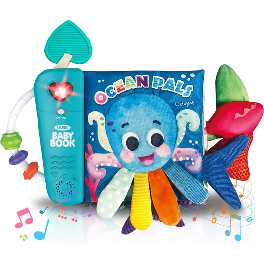 Carte Muzicala Interactiva pentru Bebelusi - Little OceanPals – Pagini Viu Colorate, Cozi 3D, Dispozitiv Muzical, Jucarie de Dentitie, Oglinda, Inel de Prindere, Stimulteaza Dezvoltarea Auditiva si Senzoriala a Copilului, Multicolora