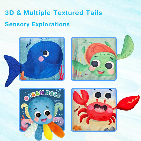 Carte Muzicala Interactiva pentru Bebelusi - Little OceanPals – Pagini Viu Colorate, Cozi 3D, Dispozitiv Muzical, Jucarie de Dentitie, Oglinda, Inel de Prindere, Stimulteaza Dezvoltarea Auditiva si Senzoriala a Copilului, Multicolora