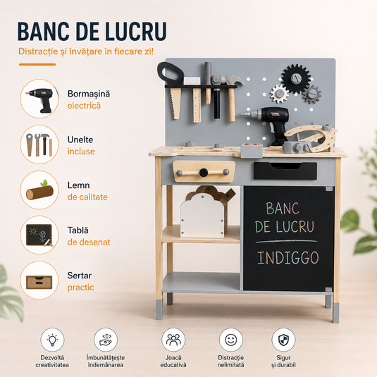 Banc de Lucru Multifunctional din Lemn pentru Copii WoodenWorkshop cu Ciocan, Fierastrau, Cheie, Surubelnita, Rigla, Bormasina Electrica, Diverse Rotite si Suruburi, Cutie de Scule, Tabla de desen, Indiggo@, Gri/Negru