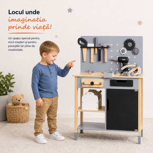 Banc de Lucru Multifunctional din Lemn pentru Copii WoodenWorkshop cu Ciocan, Fierastrau, Cheie, Surubelnita, Rigla, Bormasina Electrica, Diverse Rotite si Suruburi, Cutie de Scule, Tabla de desen, Indiggo@, Gri/Negru