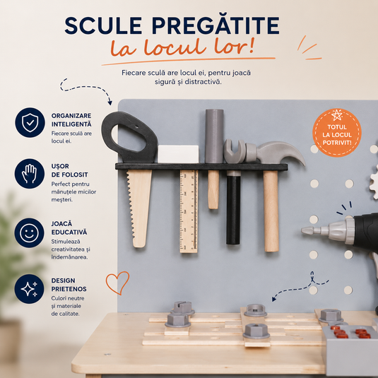 Banc de Lucru Multifunctional din Lemn pentru Copii WoodenWorkshop cu Ciocan, Fierastrau, Cheie, Surubelnita, Rigla, Bormasina Electrica, Diverse Rotite si Suruburi, Cutie de Scule, Tabla de desen, Indiggo@, Gri/Negru