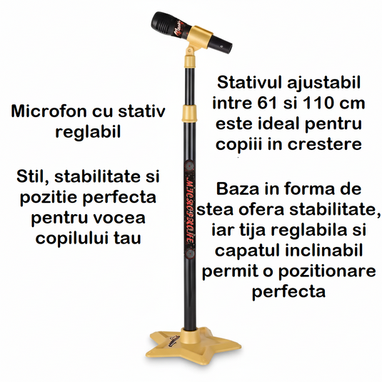 Set Chitara si Microfon cu Stativ pentru Copii – RocKid - Include Chitara, Microfon cu Stativ Reglabil, Boxa Multifunctionala cu Iluminare LED, Cablu USB, Indiggo@, Black/Yellow, +3 Ani