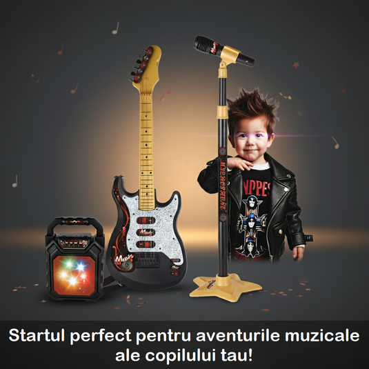 Set Chitara si Microfon cu Stativ pentru Copii – RocKid - Include Chitara, Microfon cu Stativ Reglabil, Boxa Multifunctionala cu Iluminare LED, Cablu USB, Indiggo@, Black/Yellow, +3 Ani