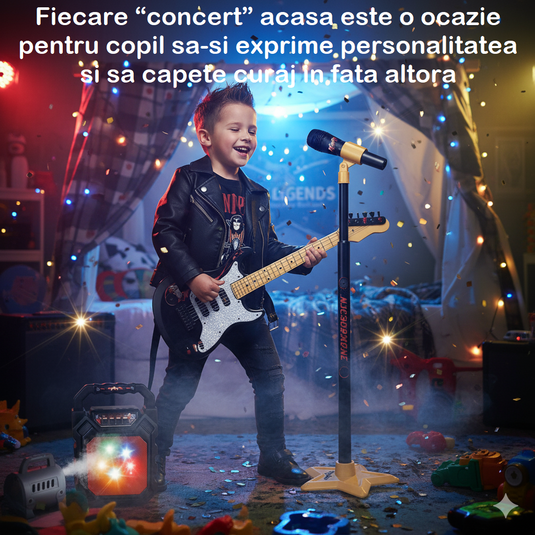 Set Chitara si Microfon cu Stativ pentru Copii – RocKid - Include Chitara, Microfon cu Stativ Reglabil, Boxa Multifunctionala cu Iluminare LED, Cablu USB, Indiggo@, Black/Yellow, +3 Ani