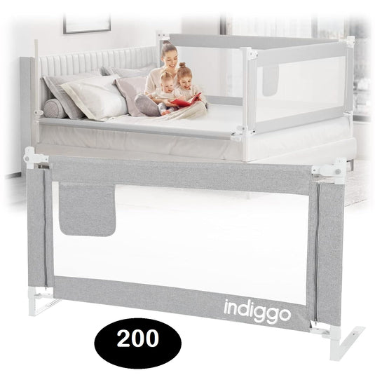 Bariera de Protectie pentru Pat KiddoLock™ 200 cm, Model Interconectabil, Culisanta, Inaltime Ajustabila 68-96 cm, Multi Compatibil, Plasa Respirabila, Margini Captusite, Mecanism Blocare, Husa Detasabila cu Fermoar, Buzunar Depozitare, Gri