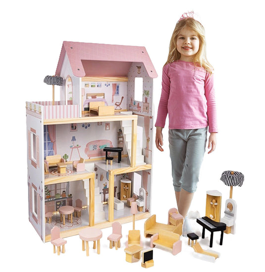 Casuta de Papusi din Lemn de Calitate, FantasyVilla Indiggo®, 3 Niveluri, 4 Camere, Terasa si Scara Interioara, Instalatie LED, 17 Piese de Mobilier, Pian inclus, Baie complet utilata, Inaltime 78cm, Dusty Pink
