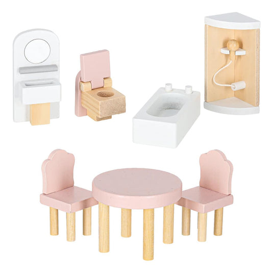 Casuta de Papusi din Lemn de Calitate, FantasyVilla Indiggo®, 3 Niveluri, 4 Camere, Terasa si Scara Interioara, Instalatie LED, 17 Piese de Mobilier, Pian inclus, Baie complet utilata, Inaltime 78cm, Dusty Pink