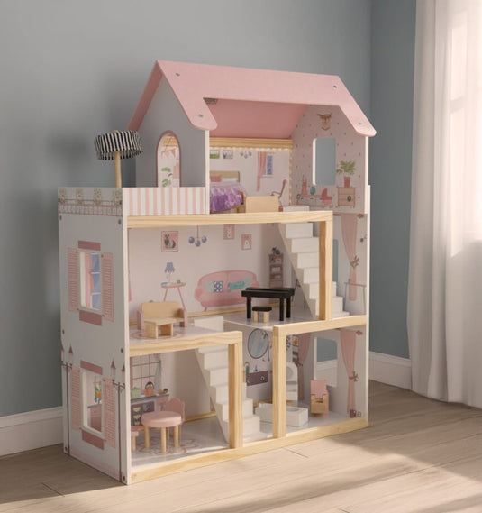 Casuta de Papusi din Lemn de Calitate, FantasyVilla Indiggo®, 3 Niveluri, 4 Camere, Terasa si Scara Interioara, Instalatie LED, 17 Piese de Mobilier, Pian inclus, Baie complet utilata, Inaltime 78cm, Dusty Pink