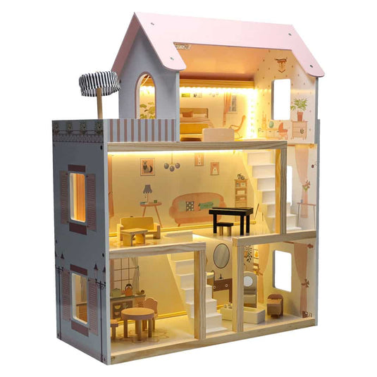 Casuta de Papusi din Lemn de Calitate, FantasyVilla Indiggo®, 3 Niveluri, 4 Camere, Terasa si Scara Interioara, Instalatie LED, 17 Piese de Mobilier, Pian inclus, Baie complet utilata, Inaltime 78cm, Dusty Pink