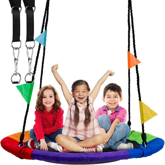Leagan pentru Copii Tip Cuib 120 Cm, Reglabil pe Inaltime 180 Cm, Material Oxford 900D Impermeabil, Sarcina Maxima 450 Kg, Spin 360°, Steaguri Decorative, Franghii Ajustabile si Carabiniere, Cadru din Otel, Interior/Exterior, Multicolor