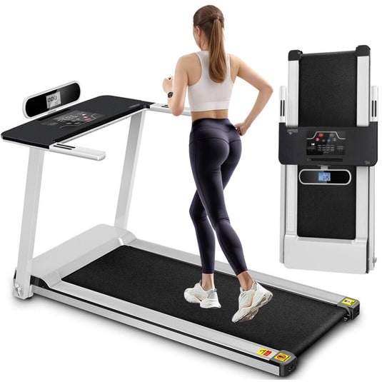 Mini Banda Electrica 2in1 Plimbare/Alergare KangoFit™ PRO Pliabila, Ecran LCD, Bluetooth, Suport Tableta/Telefon, Motor 2CP Ultra Silentios, 12 Programe, Viteza 1-14 km/h, Sistem Absorbtie Socuri, Banda in 5 Straturi, Roti Transport, White/Black