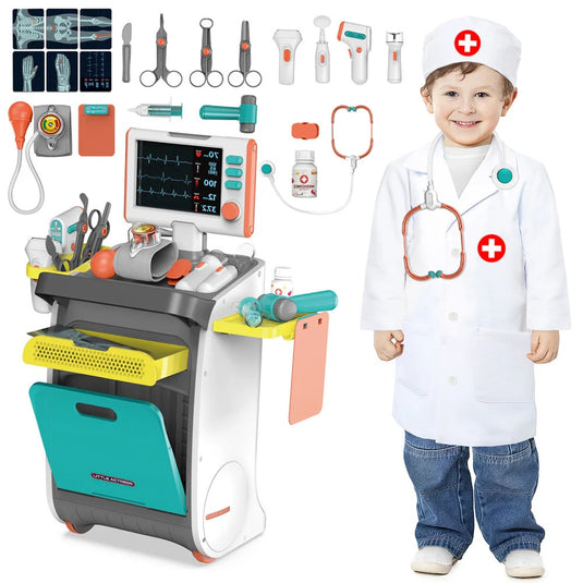Carucior Medical Interactiv pentru Copii - Happy Doctor Indiggo@, Set de Joaca cu Efecte Luminoase si Sonore, 37 Piese, EKG, Accesorii precum Stetoscop, Termometru, Tensiometru, Imagini Radiologice, Flacon Pastile, Ustensile Medicale, 3 Ani+, Multicolor