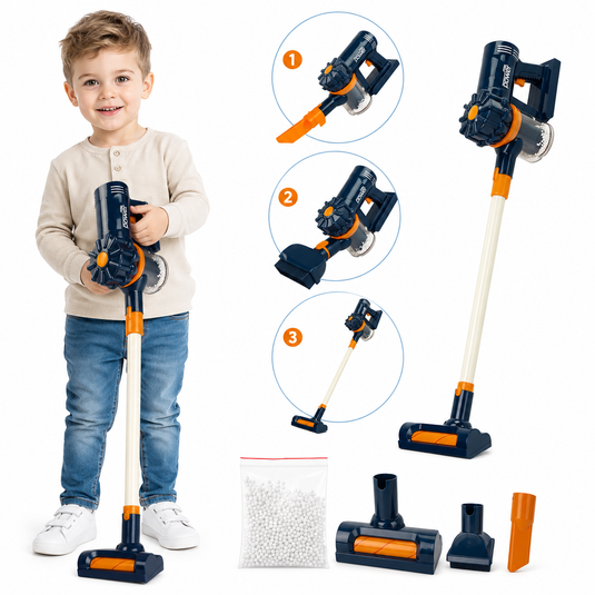 Set de Joaca Indiggo® TinyClean – Aspirator Electric de Jucarie 2 in 1 pentru Copii, Functie Reala de Aspiratie, Efecte Sonore, 3 Perii Detasabile, Bilute Polistiren, Design Vertical, Joc Educational Interactiv, 3+ Ani, Albastru