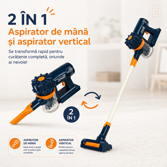 Set de Joaca Indiggo® TinyClean – Aspirator Electric de Jucarie 2 in 1 pentru Copii, Functie Reala de Aspiratie, Efecte Sonore, 3 Perii Detasabile, Bilute Polistiren, Design Vertical, Joc Educational Interactiv, 3+ Ani, Albastru