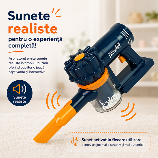 Set de Joaca Indiggo® TinyClean – Aspirator Electric de Jucarie 2 in 1 pentru Copii, Functie Reala de Aspiratie, Efecte Sonore, 3 Perii Detasabile, Bilute Polistiren, Design Vertical, Joc Educational Interactiv, 3+ Ani, Albastru