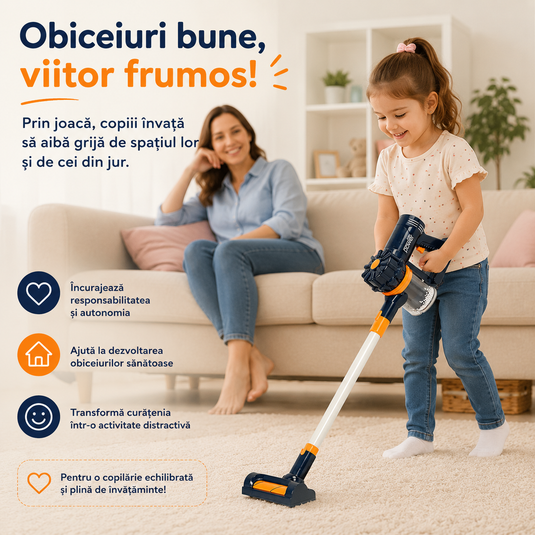 Set de Joaca Indiggo® TinyClean – Aspirator Electric de Jucarie 2 in 1 pentru Copii, Functie Reala de Aspiratie, Efecte Sonore, 3 Perii Detasabile, Bilute Polistiren, Design Vertical, Joc Educational Interactiv, 3+ Ani, Albastru