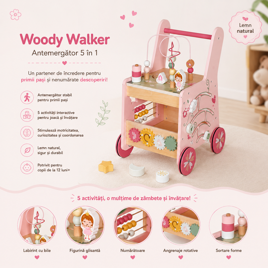 Antemergator Educational si Interactiv 5 in 1 Woody Walker Indiggo®, din Lemn Natural, Tabla senzoriala Montessori, Include Numaratoare, Forme Geometrice Rotative, Labirint cu Animale, Abac, Roti Antiderapante, Woody Pink