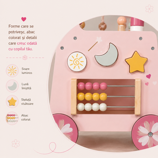 Antemergator Educational si Interactiv 5 in 1 Woody Walker Indiggo®, din Lemn Natural, Tabla senzoriala Montessori, Include Numaratoare, Forme Geometrice Rotative, Labirint cu Animale, Abac, Roti Antiderapante, Woody Pink