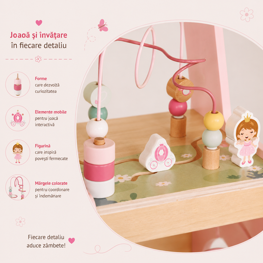 Antemergator Educational si Interactiv 5 in 1 Woody Walker Indiggo®, din Lemn Natural, Tabla senzoriala Montessori, Include Numaratoare, Forme Geometrice Rotative, Labirint cu Animale, Abac, Roti Antiderapante, Woody Pink