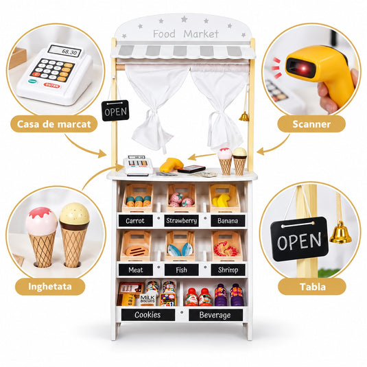 Jucarie din Lemn 2in1 pentru Copii - Food Market Indiggo® – Magazin Alimentar cu Casa de Marcat si Teatru de Papusi, Include 26 de Accesorii Alimentare si Tabla Neagra de Scris, 3 Ani+, White Wooden