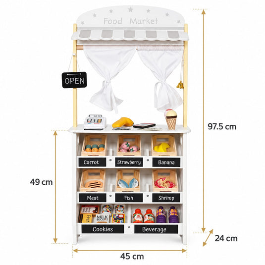 Jucarie din Lemn 2in1 pentru Copii - Food Market Indiggo® – Magazin Alimentar cu Casa de Marcat si Teatru de Papusi, Include 26 de Accesorii Alimentare si Tabla Neagra de Scris, 3 Ani+, White Wooden