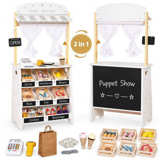 Jucarie din Lemn 2in1 pentru Copii - Food Market Indiggo® – Magazin Alimentar cu Casa de Marcat si Teatru de Papusi, Include 26 de Accesorii Alimentare si Tabla Neagra de Scris, 3 Ani+, White Wooden