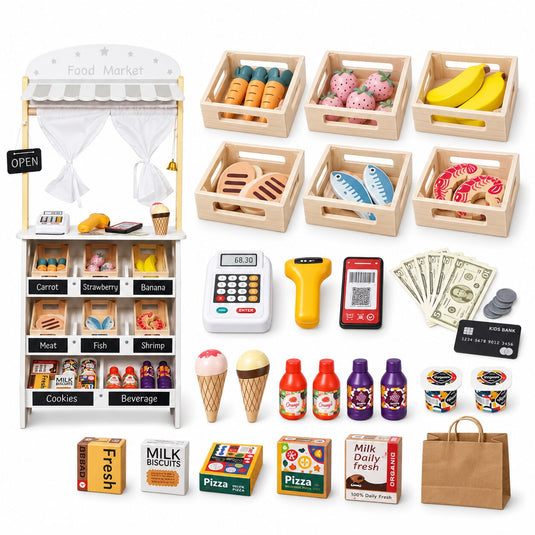 Jucarie din Lemn 2in1 pentru Copii - Food Market Indiggo® – Magazin Alimentar cu Casa de Marcat si Teatru de Papusi, Include 26 de Accesorii Alimentare si Tabla Neagra de Scris, 3 Ani+, White Wooden