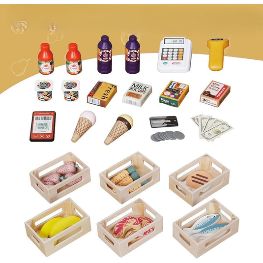 Jucarie din Lemn 2in1 pentru Copii - Food Market Indiggo® – Magazin Alimentar cu Casa de Marcat si Teatru de Papusi, Include 26 de Accesorii Alimentare si Tabla Neagra de Scris, 3 Ani+, White Wooden