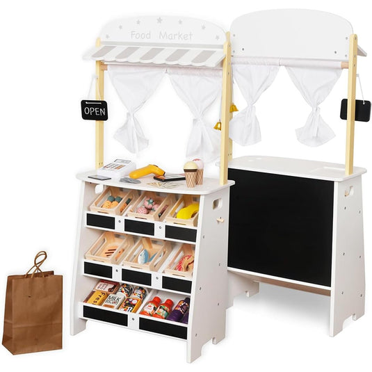 Jucarie din Lemn 2in1 pentru Copii - Food Market Indiggo® – Magazin Alimentar cu Casa de Marcat si Teatru de Papusi, Include 26 de Accesorii Alimentare si Tabla Neagra de Scris, 3 Ani+, White Wooden