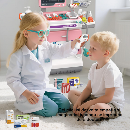 Set Medical de Joaca Carucior Mobil MiniMed Hub™ Max Kit cu Sunete si Lumini, 32 Piese, Termometru cu Infrarosu, Monitor cu Butoane Multifunctionale, Stetoscop, Radiografii, Tensiometru, Ochelari, Sertar Depozitare, Flacoane, Penseta si Accesorii, Pink