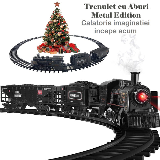 Set Trenulet Electric Metal Edition, cu Lumini, Sunete si Abur, Circuit Modular Interactiv, Structura din Aliaj Metalic, Far Functional, Vagoane de Marfa, Model Realist pentru Copii, Locomotiva cu Efecte 3D si Rezervor de Apa, Phantom