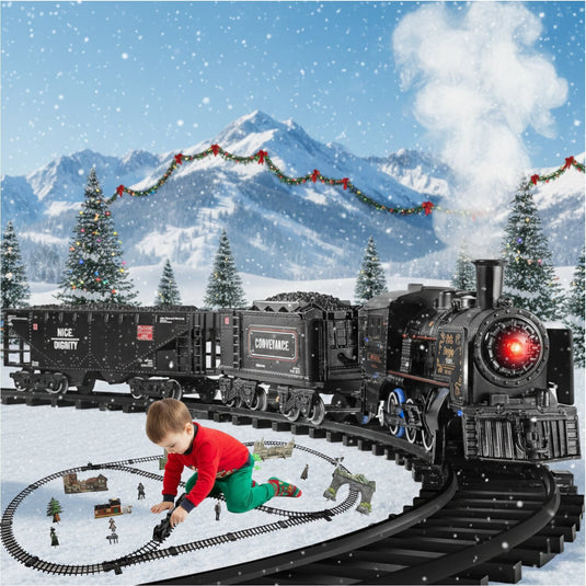 Set Trenulet Electric Metal Edition, cu Lumini, Sunete si Abur, Circuit Modular Interactiv, Structura din Aliaj Metalic, Far Functional, Vagoane de Marfa, Model Realist pentru Copii, Locomotiva cu Efecte 3D si Rezervor de Apa, Phantom