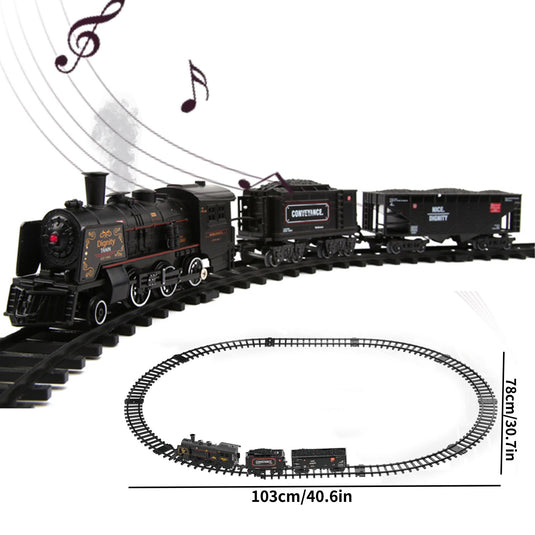 Set Trenulet Electric Metal Edition, cu Lumini, Sunete si Abur, Circuit Modular Interactiv, Structura din Aliaj Metalic, Far Functional, Vagoane de Marfa, Model Realist pentru Copii, Locomotiva cu Efecte 3D si Rezervor de Apa, Phantom