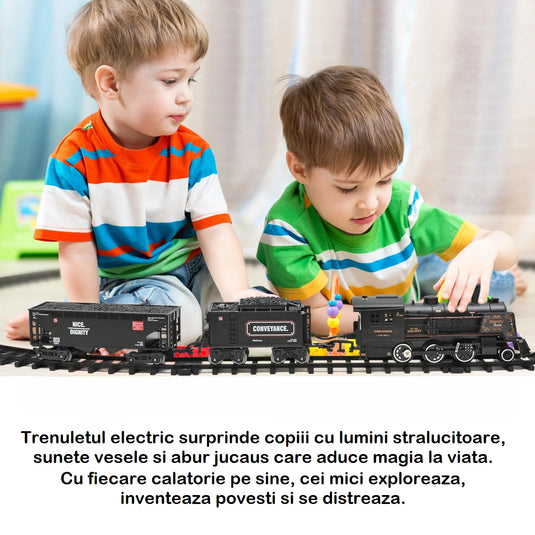 Set Trenulet Electric Metal Edition, cu Lumini, Sunete si Abur, Circuit Modular Interactiv, Structura din Aliaj Metalic, Far Functional, Vagoane de Marfa, Model Realist pentru Copii, Locomotiva cu Efecte 3D si Rezervor de Apa, Phantom
