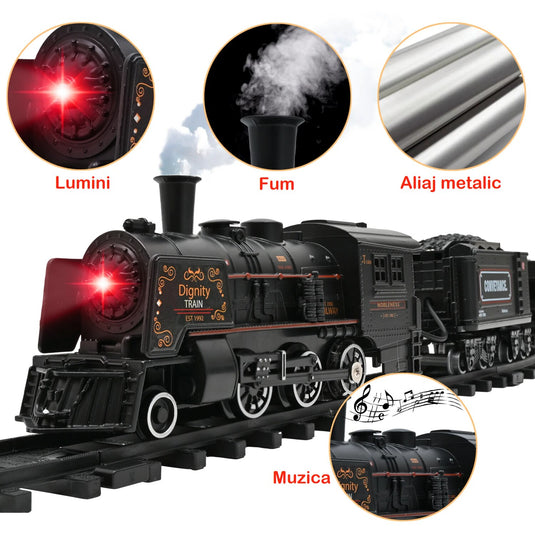 Set Trenulet Electric Metal Edition, cu Lumini, Sunete si Abur, Circuit Modular Interactiv, Structura din Aliaj Metalic, Far Functional, Vagoane de Marfa, Model Realist pentru Copii, Locomotiva cu Efecte 3D si Rezervor de Apa, Phantom